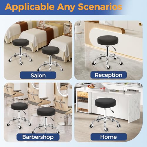 Image of ANWBROAD Round Rolling Stool with Wheels Height Adjustment 360 Swivel Stool Heavy Duty Wide Chair PU Leather Soft Seat Cushion for Massage, Salon, Bar, Home, Office, Tatoo, Medical, Black UWSC001B