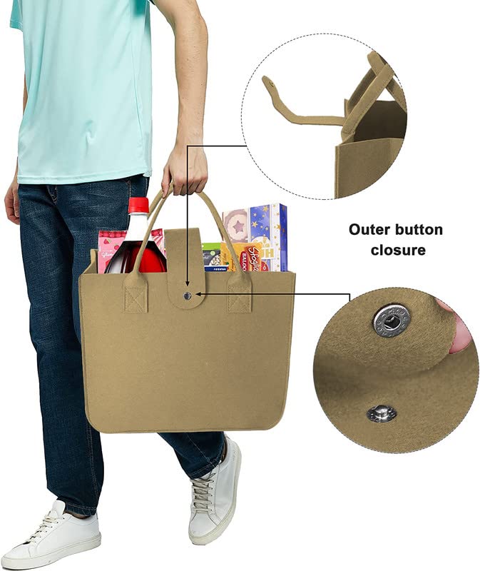 Image of Felt Fabric Reusable Shopping Bag with Handle & Button Closure for Grocery, School, Beach, Travel, Study, Gym, Gifts | Size - 30x34.5x17.8cm