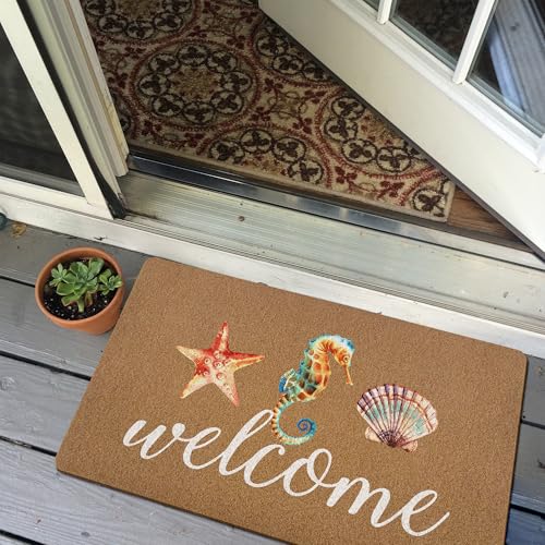 XLDLIOO Beach Seahorse Seashell Starfish Ocean Door Mat, Sea Coastal Welcome Front Door Mat Indoor Outdoor Entrance, Rustic Summer Artificial Coir Doormat Rugs for Beachy House Home Decor 30x17in - Image 6