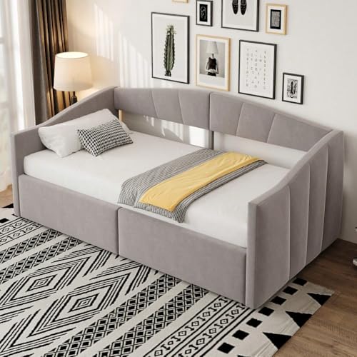 Cama acolchada convertible de 90 x 200 cm con espacio de almacenamiento con espejo, cabecero y reposabrazos, cama con somier incluido, tejido suave, rayas clásicas, gris claro (sin colchón)