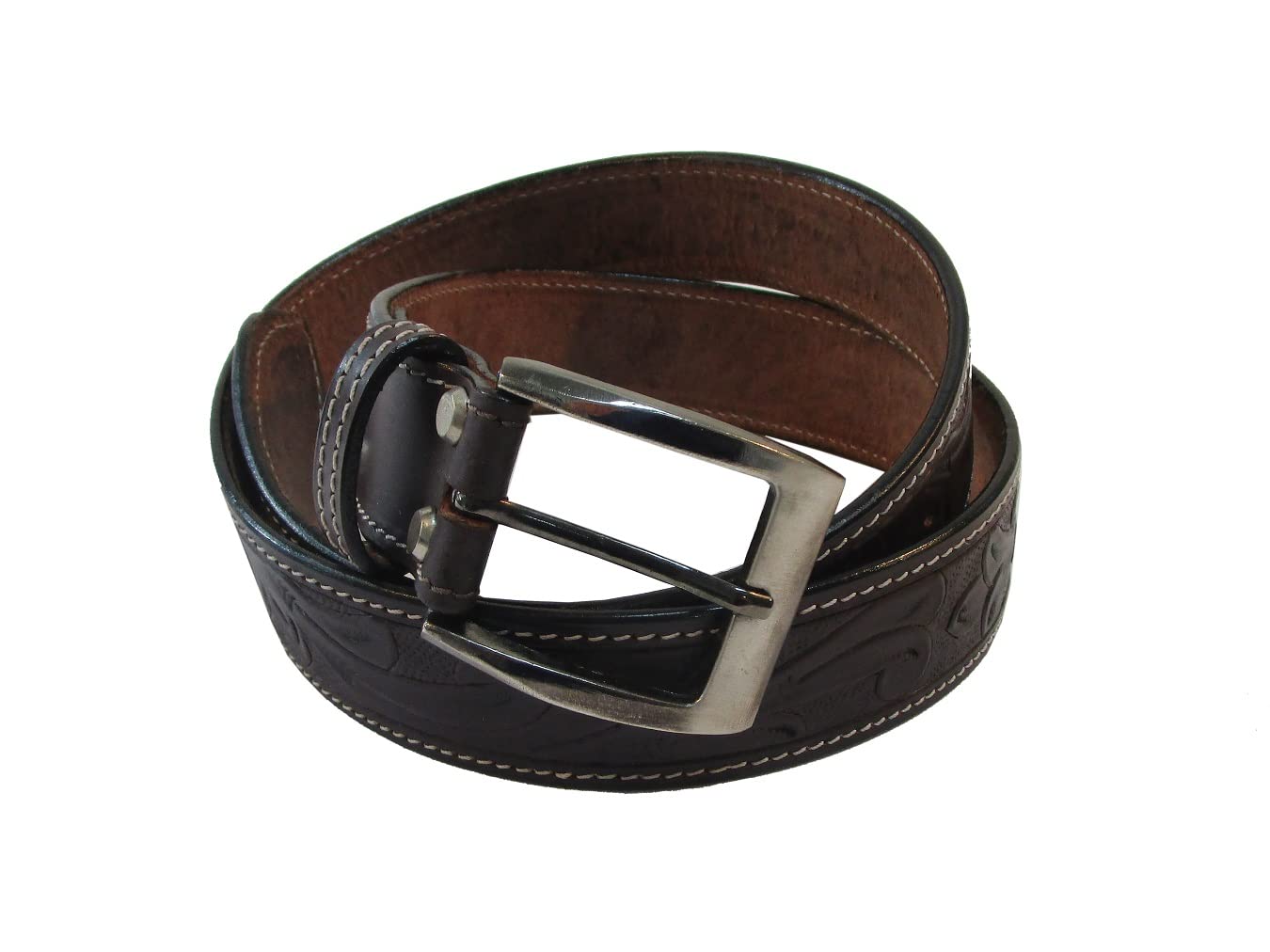 MENS LEATHER BELT FLORAL TOOLED WORK CASUAL OFFICE WEAR BROWN BELTS FOR MEN (46 in)