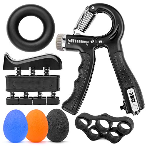Tintec Fortalecedor de Mano, Kit de Agarre de Manos Ajustable 10-60Kg para Ejercicio Dedos Juego de 7 Piezas con Bolas Antiestrés, Ejercitador de Dedos, Anillo de Fortalecer, Estirador de Dedos