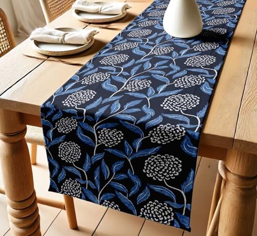 Vargottam Sustainable Cotton Table Runner – Textured Twill Fabric – Elegant Leaves Pattern – 14 Inch Wide– Washable Runner for Dining, Console, Coffee Tables
