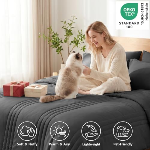 Image of CozyLux Oversized King Comforter Set Dark Grey - 7 Pieces Bed in a Bag, Modern Vertical Quilted Room Decor, Soft All-Season Bedding Gift with Comforter, Sheets, Pillowcases & Shams