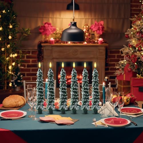 Image of Flameless Christmas Tree Candles with Remote - 6 Pack Battery Operated Snowy Tree LED Candles, Realistic 3D Flickering Flame, Safe Holiday Home Decor for Christmas Decorations & Gifts