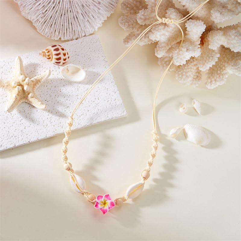 Pingyongchang Hawaiian Plumeria Shell Choker Necklace Bohemian Handmade Flower Adjustable Rope Necklace for Women Summer Beach Necklace Holiday Vacation Party Jewelry Gift2