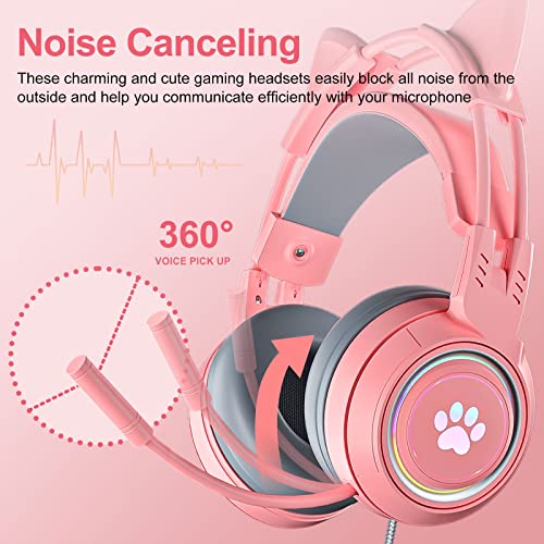 Atrasee Pink Cat Ear Stereo Gaming Headset For Ps4 Pc Ps5 Xbox One, Noise Cancelling Headphones With Mic, Surround Bass, Rgb Lights, Soft Earmuffs, 3.5Mm Aux Wired Headset For Mac Laptop Girls Kids #TOP2