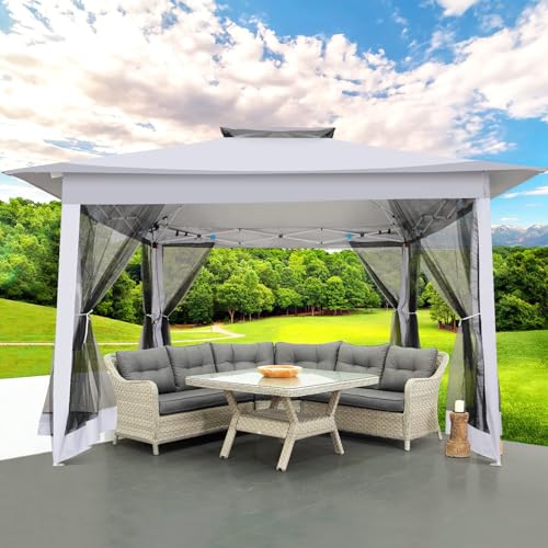 Image of COBIZI 12x12 Pop up Gazebo On Clearance with Mosquito Netting,Waterproof Roof & Sandbags,Outdoor Canopy Tent with 4 Ropes,8 Stakes,Carrying Bag,Patio Portable Gazebo for Garden,Backyard,Lawn,Darkgrey