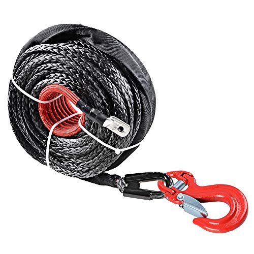 95 ft x 3/8 inch (Trong Synthetic Winch Rope Heat Guard Sleeve 20500LBs Sheath Thimble and Heavy Duty Forged Steel Grade 80 Safety Latch Clevis RED Hook