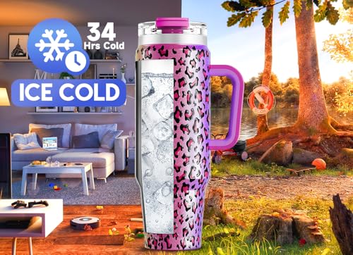 Image of Meoky 40 oz Tumbler with Handle and Straw, Insulated Tumbler with Lid and Straw, Stainless Steel Travel Mug, Keeps Cold for 34 Hours, 100% Leak Proof, Fits in Car Cup Holder (Celebration)