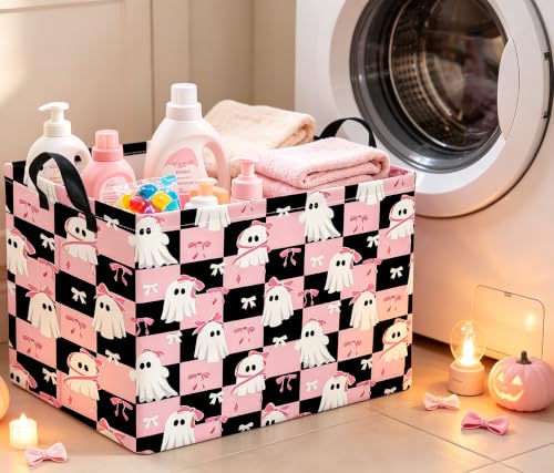 Image of Rectangle Storage Basket with Handles,Collapsible Storage Bin,Gift Basket(Pink Check Halloween)