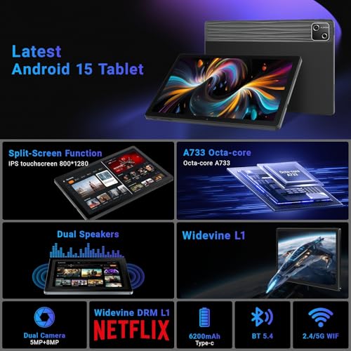 Image of Gleeso Tablet, Android Tablet 10 Inch, 30GB+128GB+2TB TF, 6200mAh, 15W Fast Charge, 1280x800 HD IPS Screen, WiFi 6, BT 5.4, Dual Camera, Widevine L1 Support, GMS Certified, Black