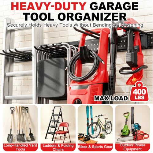 Garage Tool Organizer Wall Mount 49.5 inches with 10 Adjustable Heavy-Duty Hooks, Garage Organization, Garden Tool Storage Rack, Yard, and Shed, Holds Up to 400 lbs - Image 3
