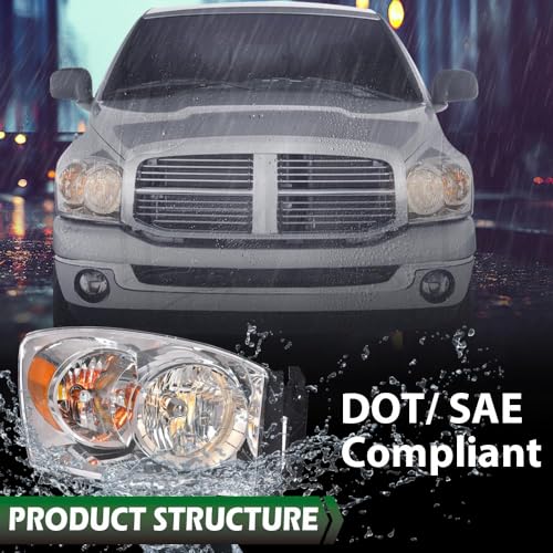Image of GRAND ORANGE Headlight Assembly w /Bulbs Compatible with Dodge Ram 1500 Truck 2006-2008 /Fit Dodge Ram 2500 3500 Truck 2006-2009 Right Side Clear Lens Chrome Housing Amber Reflector