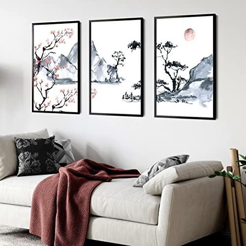 Japandi Style Landscape Posters Flowers Cherry Bloss Canvas Paint...