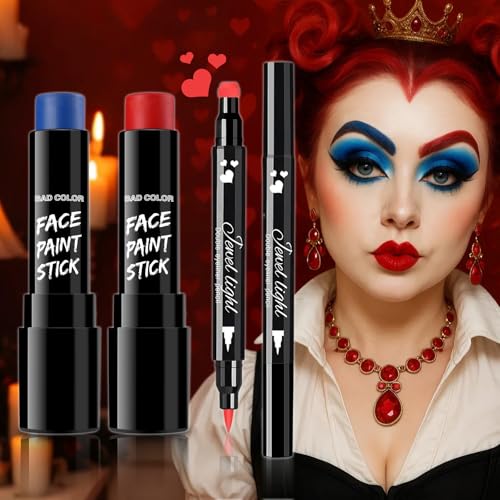 Image of BADCOLOR 3PCS Red Blue Face Body Paint Stick Makeup for Harley /Joker SFX Cosplay & Dress Up, Red Liquid Eyeliner Stamp Pen for Clown Costume Cosplay