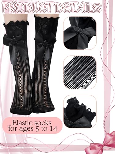 4 Pairs Little Girl Knee High Socks Kids Lace Long Socks with Bow Ruffle for The First Communion 5-12 Years Old3