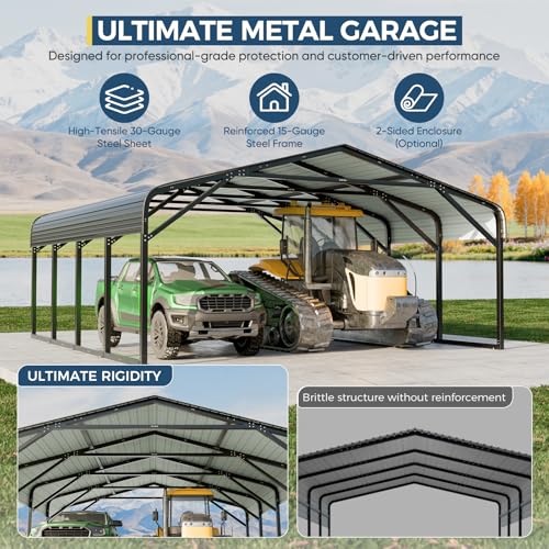 Image of 20x20 FT Heavy Duty Metal Carport, 2-Car Garage with Structural Reinforcement, Galvanized Steel Roof, Ground Anchors, 120lbs /Sq.Ft Snow /Wind Resistant Carports, Fits Pickups, Trucks, RVs, Boats