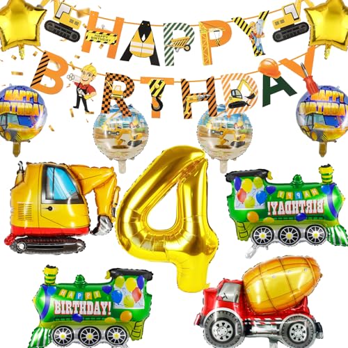 Hierein Decoración Cumpleaños de Construcción 4 Años, XXL Excavador Globos Cumpleaños Fiesta, Globos Temáticos de Construcción Decoracion Cumpleaños con Happy Birthday Pancarta para 4 Años Niños