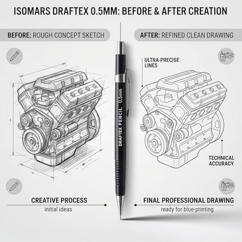 Image of Isomars Draftex Mechanical Pencil 0.5mm (2B) Black with 10 Extra Leads & Eraser | Technical Drafting Pencil for Drawing, Sketching, Engineering, Architecture, Design & Writing