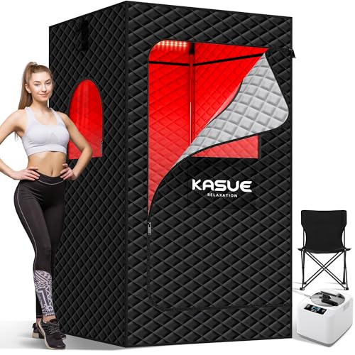 KASUE Infrared Sauna Box, Portable Steam Sauna Tent with 3L/1400W Steamer, 5-Layer Waterproof and Thermal Insulation, Folding Chair, for Home Steam Spa, Indoor & Outdoor(Black)