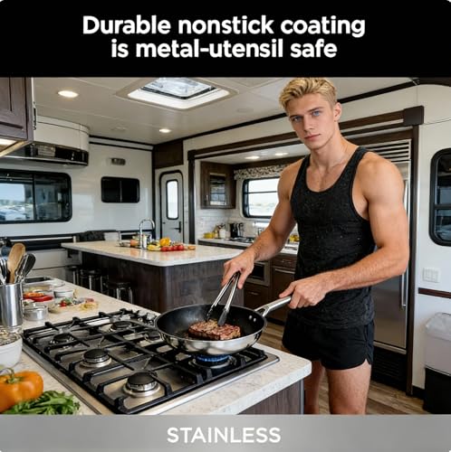 RV pan Stainless Steel Non Stick Fry Pan Set,8 & 10 Inch,Gas Electric Induction Compatible,PFOA Free,Dishwasher Safe,Oven Safe up to 500°F,2-Piece Cookware,Even Heat Distribution & Stay Cool Handles. — view 3