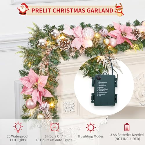 GarveeHome 6ft Pink Christmas Garland with 20 LED Lights, Prelit Xmas Garland for Mantle with Timer Poinsettia Flowers, 8 Lighting Modes, for Indooor Outdoor Fireplace Stairs Railing Decorations