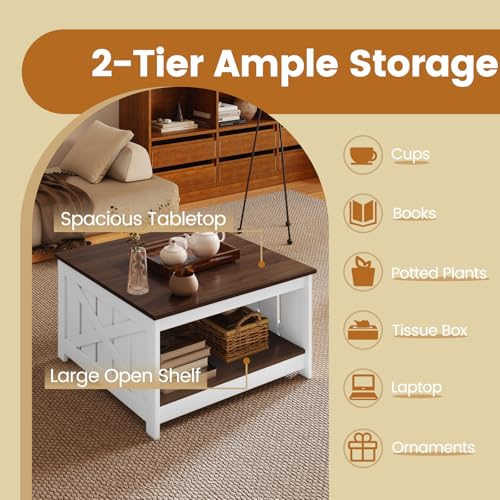 COSTWAY 2-Tier Coffee Table with Storage Shelf, Farmhouse Wooden Square Accent Cocktail Centre Unit Sofa Side Tea Table for Living Room, Bedroom and Office (with X-Shaped Support, Brown+White) - Image 4