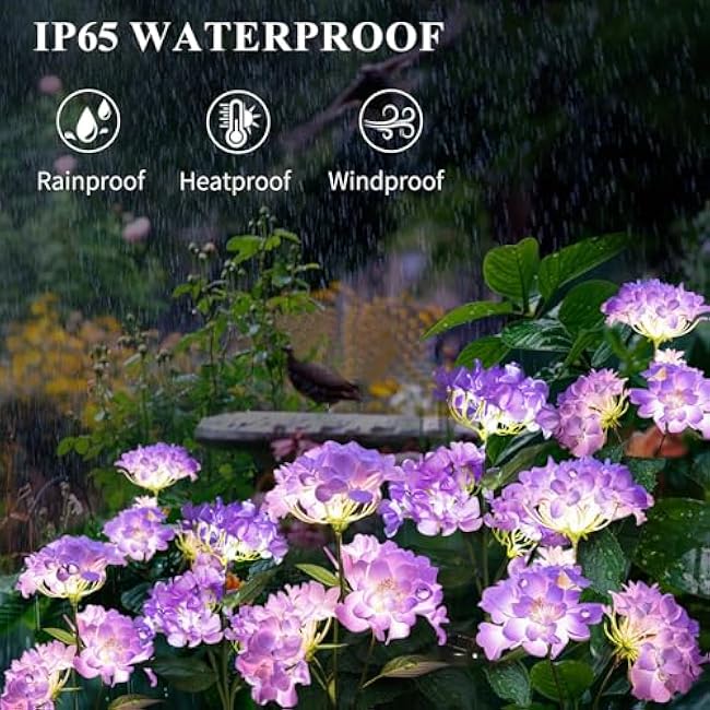Garden Lights Solar Flower Light, LED Solar Powered Outdoor Light Decor for Path Yard Walkway Patio Balcony Lawn, Hydrangea Artificial Flower (Purple, 2)