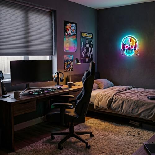 Image of Skull Neon Sign with Headphones,LED Gaming Neon Light,Dimmable USB Powered Neon Wall Sign for Gamer Room, Bedroom, Man Cave, Cool Aesthetic Neon Sign
