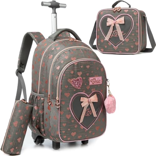 Meetbelify meninas rolando mochila mochila crianças mochilas com rodas para estudantes do ensino fundamental levar na mochila com lancheira mala de viagem bagagem de viagem para meninas de 6 a 8 anos