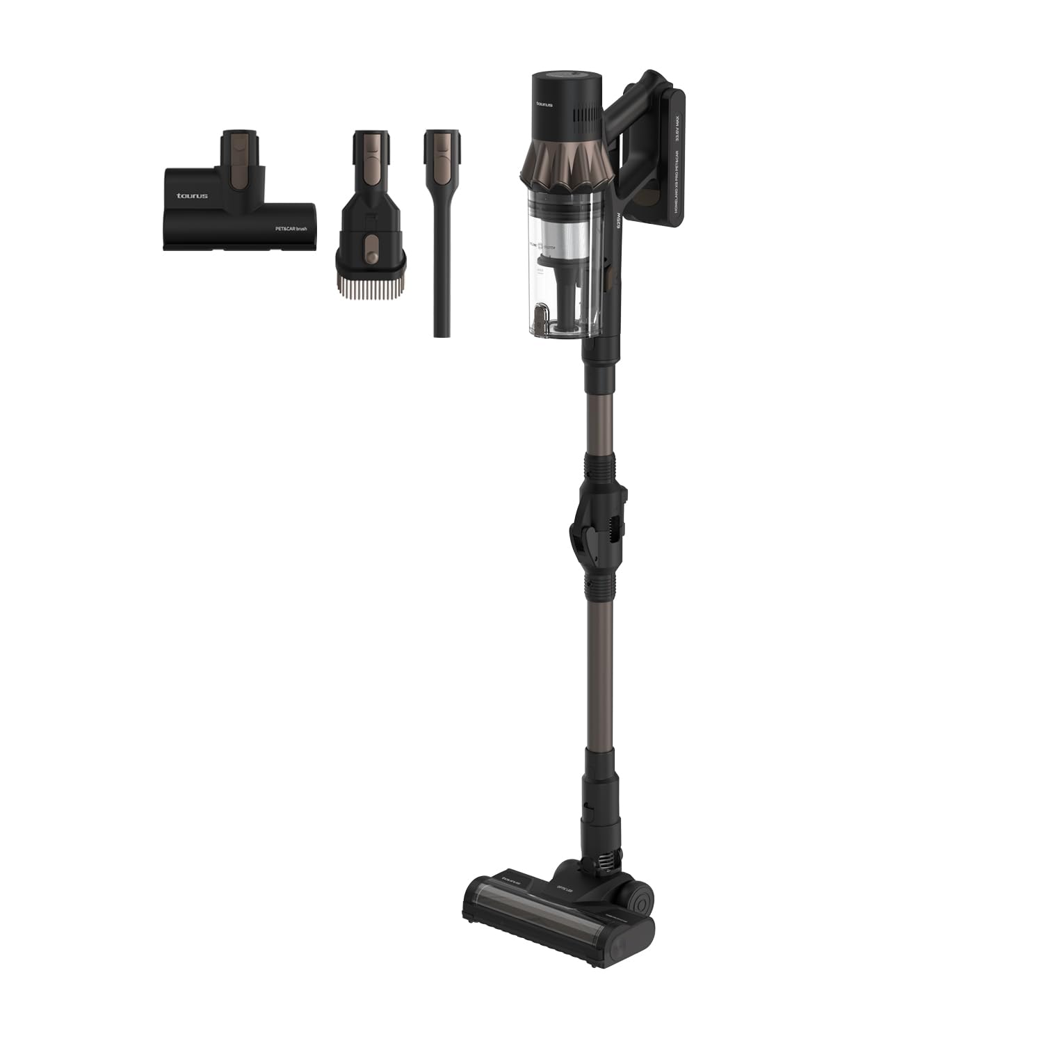 Taurus - Aspirador Escoba Potente Sin Cable 615W con 220AW Potencia de Succión, 90 Min Autonomía, Cepillo Antienredos Tubo Flexible, Luz LED, Depósito 700ml y Mini Turbo Brush para Mascotas y Coche
