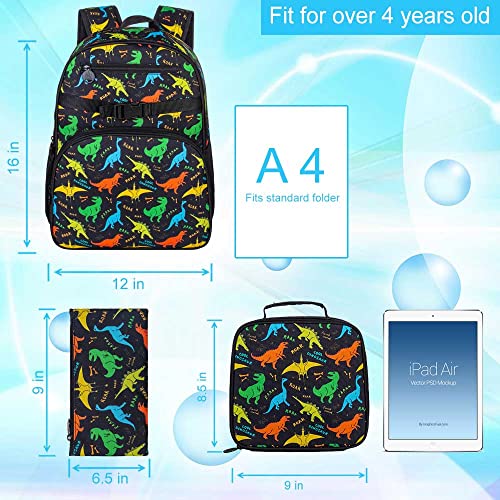 Ftjcf 3Pcs Dinosaur Backpack For Boys, 16" Kids Bookbag And School Bag With Lunch Box Set For Elementary Preschool Kindergarten - Black #TOP3