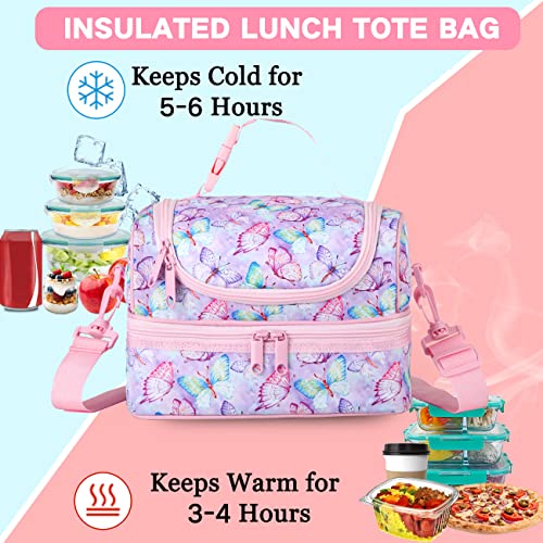 VASCHY Insulated Lunch Bag for Girls Portable Lunch Bag Separate Compartments Reusable Lunch Handbag with Adjustable Shoulder Strap for School and Picnic (Pink Butterfly) - Image 4