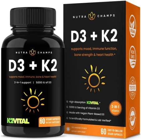 NutraChamps D3 with K2 MK7 Supplement for Heart & Bone Health | Vitamin D & K Complex | 5000 IU of Vitamin D 3 & 100 mcg of Vitamin K 2 MK-7 | 60 Vitamin K2 D3 Capsules