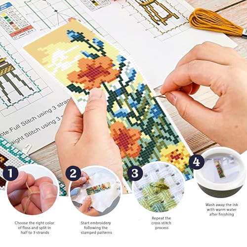 Image of FREEBLOSS 6 Set Cross Stitch Bookmark Kit Wild Flowers Pattern Stamped Cross Stitch Kit 11CT Embroidery Kits with Instructions for Beginners Adult 20x6cm /8x2.4inch