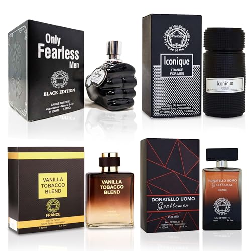 META-BOSEM Only Fearless+Iconique+King Oud+Dona Gentlemen 4Pc Set Men's Cologne Blue bottle Collection, Eau de Toilette Spray - Fresh Masculine Scent - Holiday Gift (Pack of 4) Each 3.4 Fl Oz, Total 1