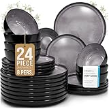 Stoneware dinnerware set 8 persons 24 pcs - Dishwasher, microwave and scratch resistant - Bowl and plate set 8 persons modern - Dinner service Pure Living black in gray…