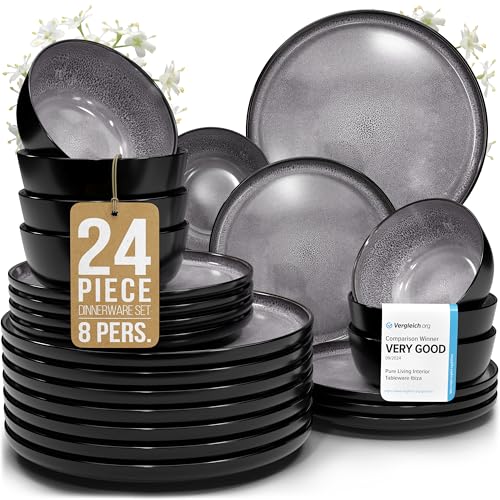Image of Stoneware dinnerware set 8 persons 24 pcs - Dishwasher, microwave and scratch resistant - Bowl and plate set 8 persons modern - Dinner service Pure Living black in gray…