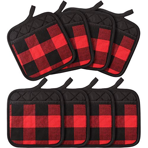 8 Pieces Christmas Buffalo Check Pot Holders With Pocket, Classic Farmhouse Hot Pad Cloth Buffalo Plaid Decor Kitchen Oven Mitts Heat Insulation Potholder For Kitchen Cooking Baking (Red Black) #TOP25