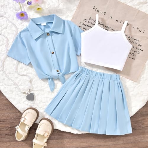 Image of HIHA Girls 3 Piece Outfit Cami Crop Tops Skirt Set with Button Down Shirts Size 6-12