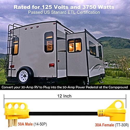 Facon 50Amp Male to 30Amp Female RV Power Cord Adapter, Suitable for 30Amp RV, RV Power Adapter with Easy Handle, RV Electrical Converter Cord Cable, 12Inch Length, for RV, Camper - Image 3