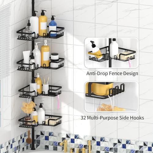 Image of KEGII Adjustable Shower Caddy Corner Tension Pole, Rustproof Shower Rod Organizer with Hooks, Floor to Ceiling Tension Rod 25-114.2 Inch, Bathtub Storage Organizer for Shampoo, 4-Tier Black