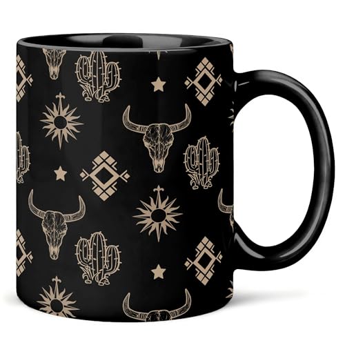 DEQSX Boho Western Bull Skull Mug 11 oz Western Gifts for Women Men Coffee Cups Ceramic Black Gold Wild West Aztec Cactus Sun Ceramic Mug for Coffee Tea Hot Cocoa Home Office Work
