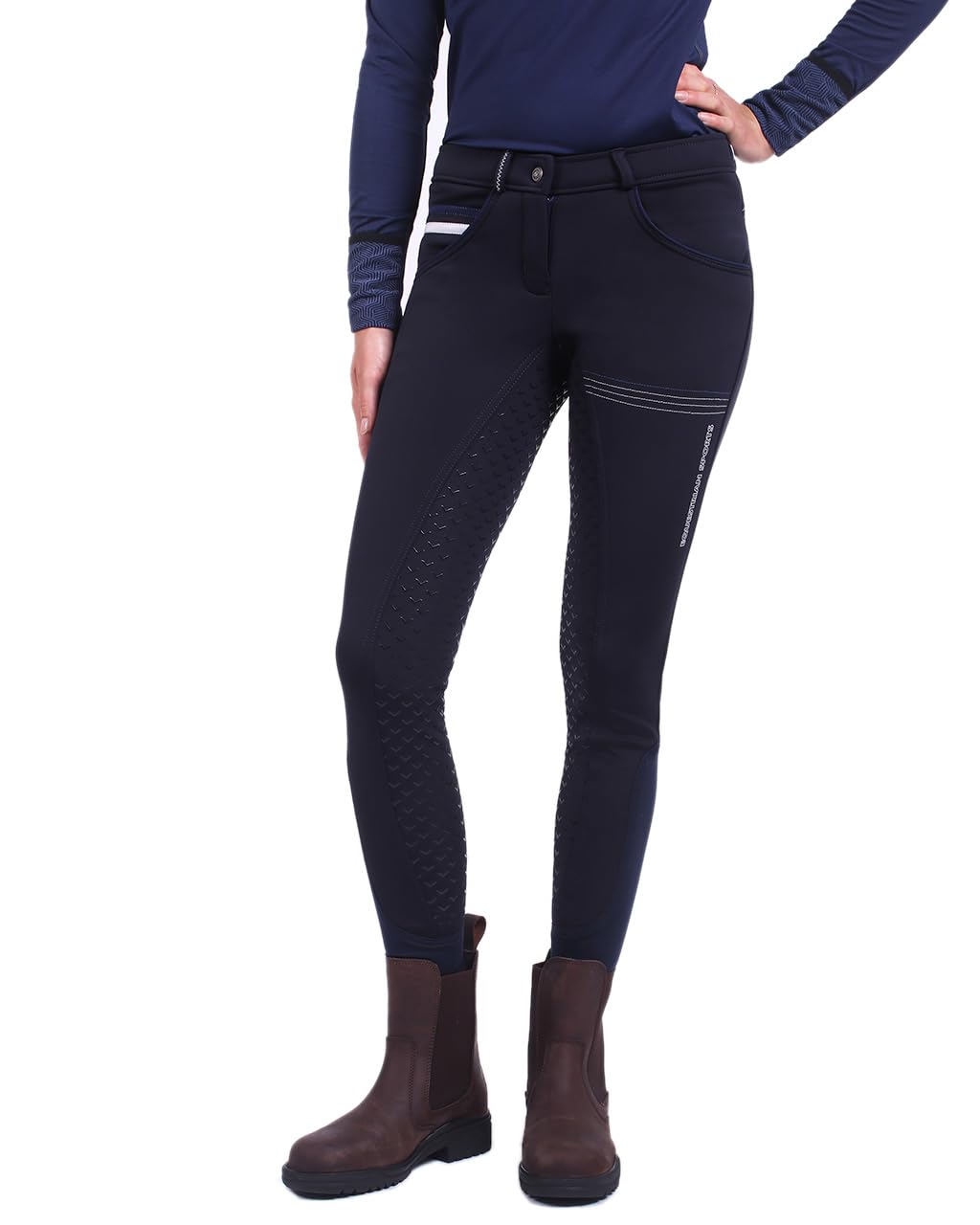 Reithose Damen vollbesatz | Gr. 34-48 | Angenehmes Tragen | Praktische Taschen | Fester Halt | Pflegeleicht, Aufdrucke und Nähte in Kontrastfarbe (48)