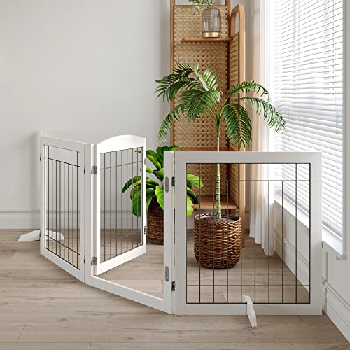 Vantas Folding Pet Gate 96" Wide, 30" Tall No-Assembly Wooden Dog Gate with Door Walk Through, Freestanding Wire Pet Gate, Pet Puppy Safety Fence, with 2PCS Support - White - Thumbnail 4