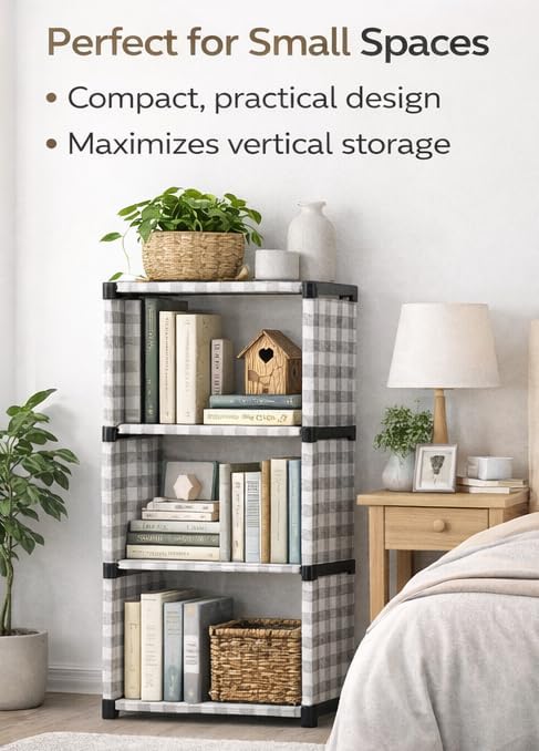 Image of 4-Tier Book Rack Bookshelf, Multi-Level Storage Organizer for Books, Magazines, Office Supplies, Space-Saving Design,Black Frame with Grey Check Pattern with Heavy Fabric Cover Modular Storage Shelf