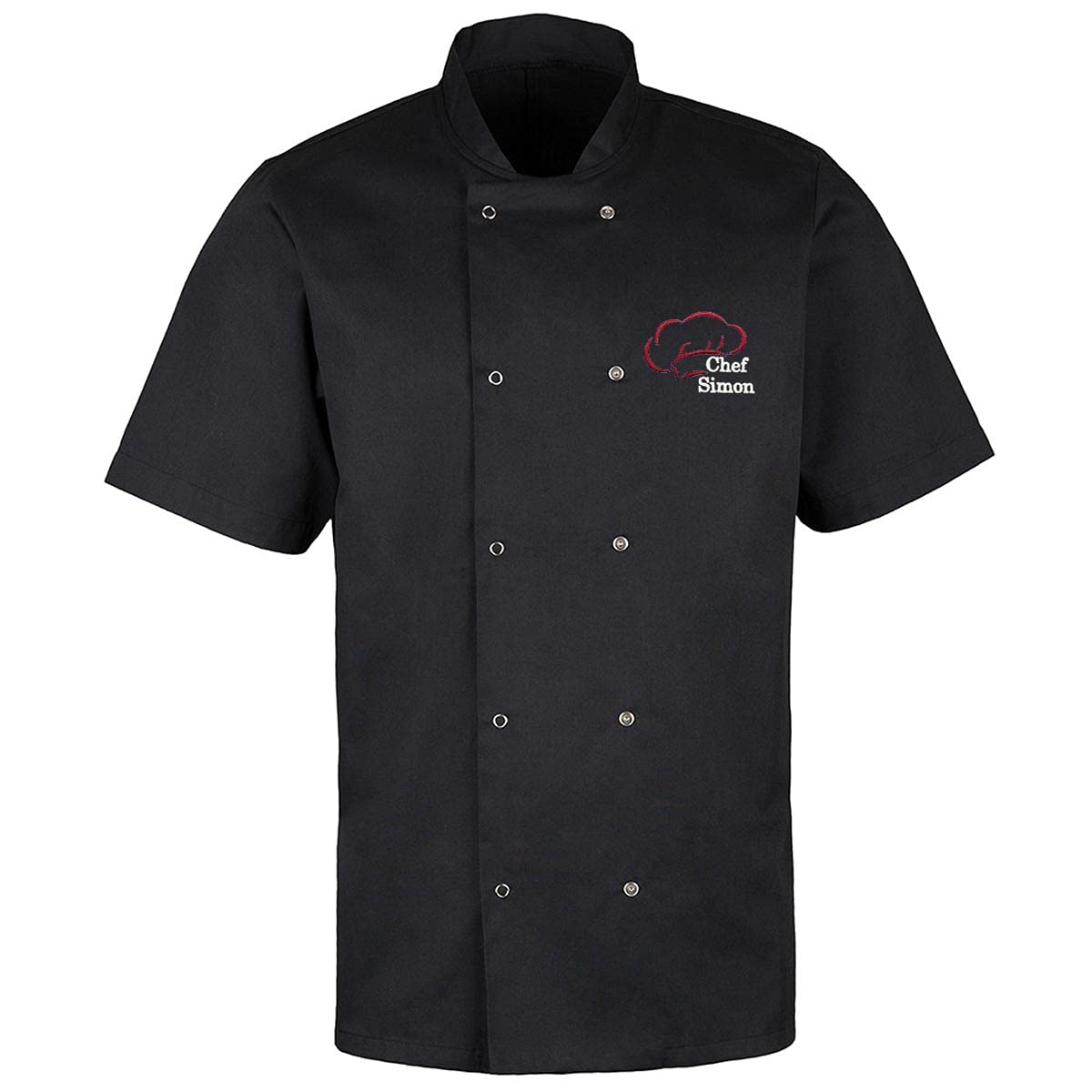 Personalised Custom Embroidered Unisex Short Sleeve Stud Fastening Chef Jacket with Chef Hat Design Logo & Your Name (L, Black)