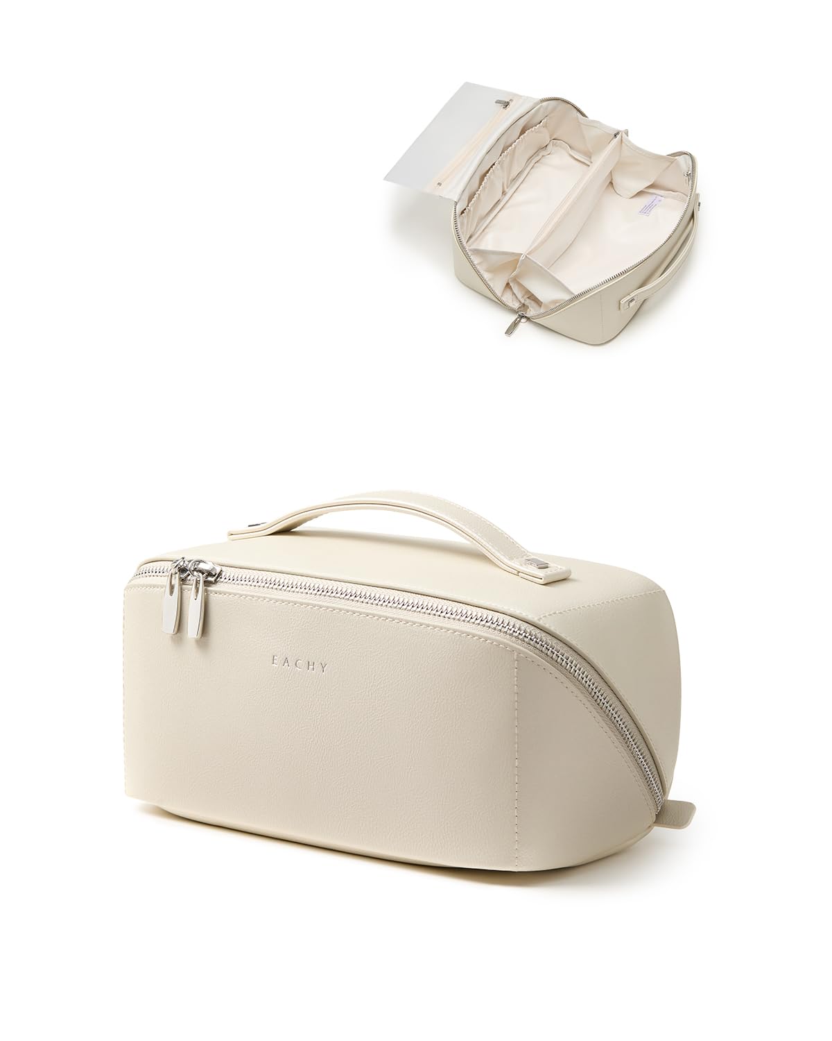 EACHY Travel Makeup Bag, PU Leather Cosmetic Bag for Women, Pearl White