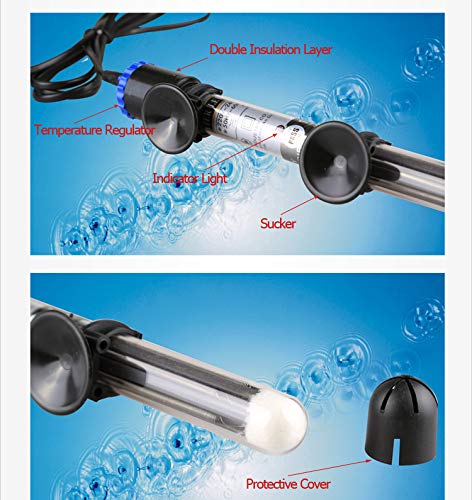 Diagram showing the components of the SunSun Aquarium Heater, including the temperature regulator, indicator light, suction cups, double insulation layer, and protective cover.